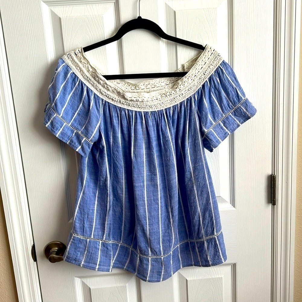 Westbound Striped Off Shoulder Top‎ Crochet Trim Short Sleeve Top Blue White PXL